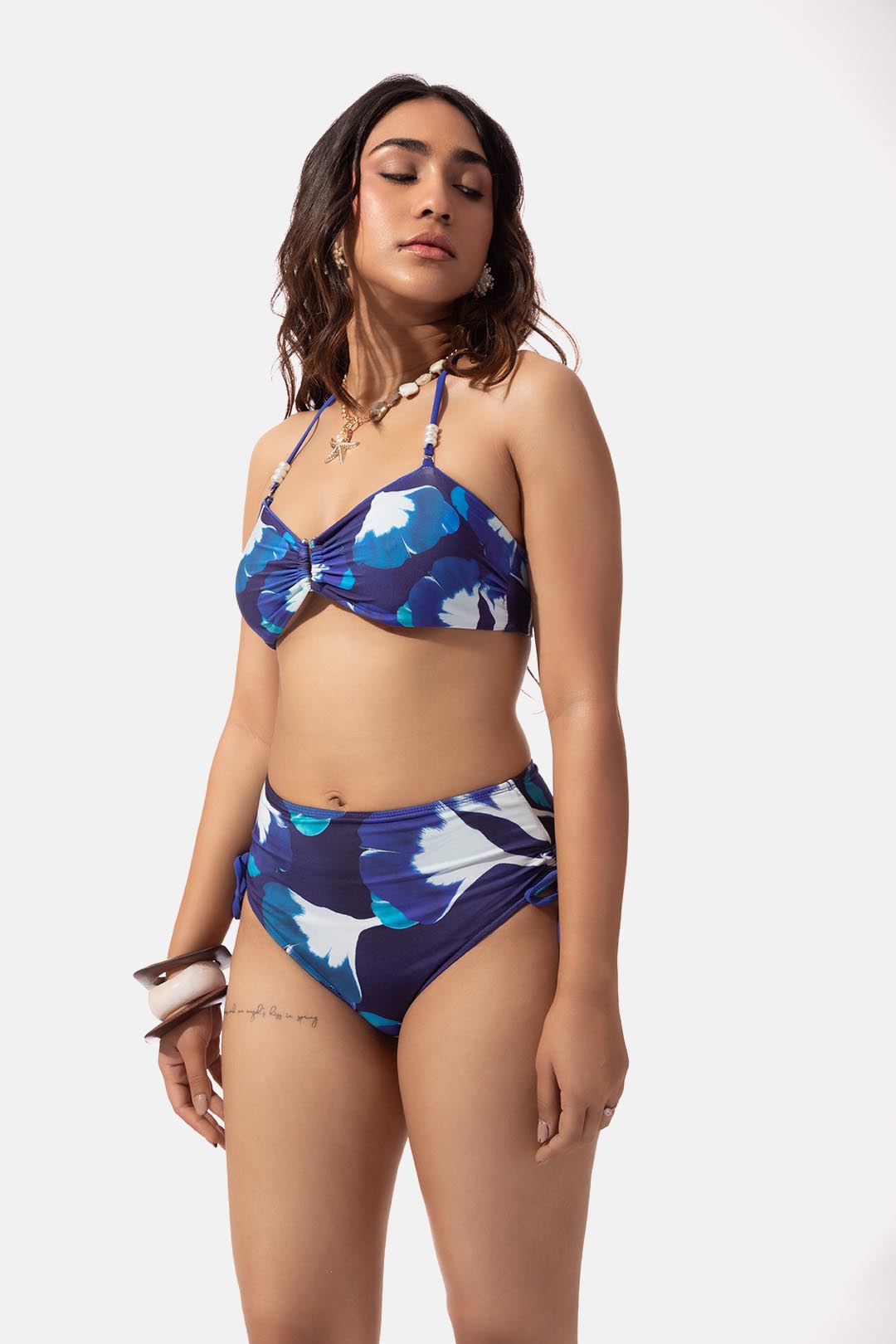 Indigo Floral Print High Waist Bikini Bottom