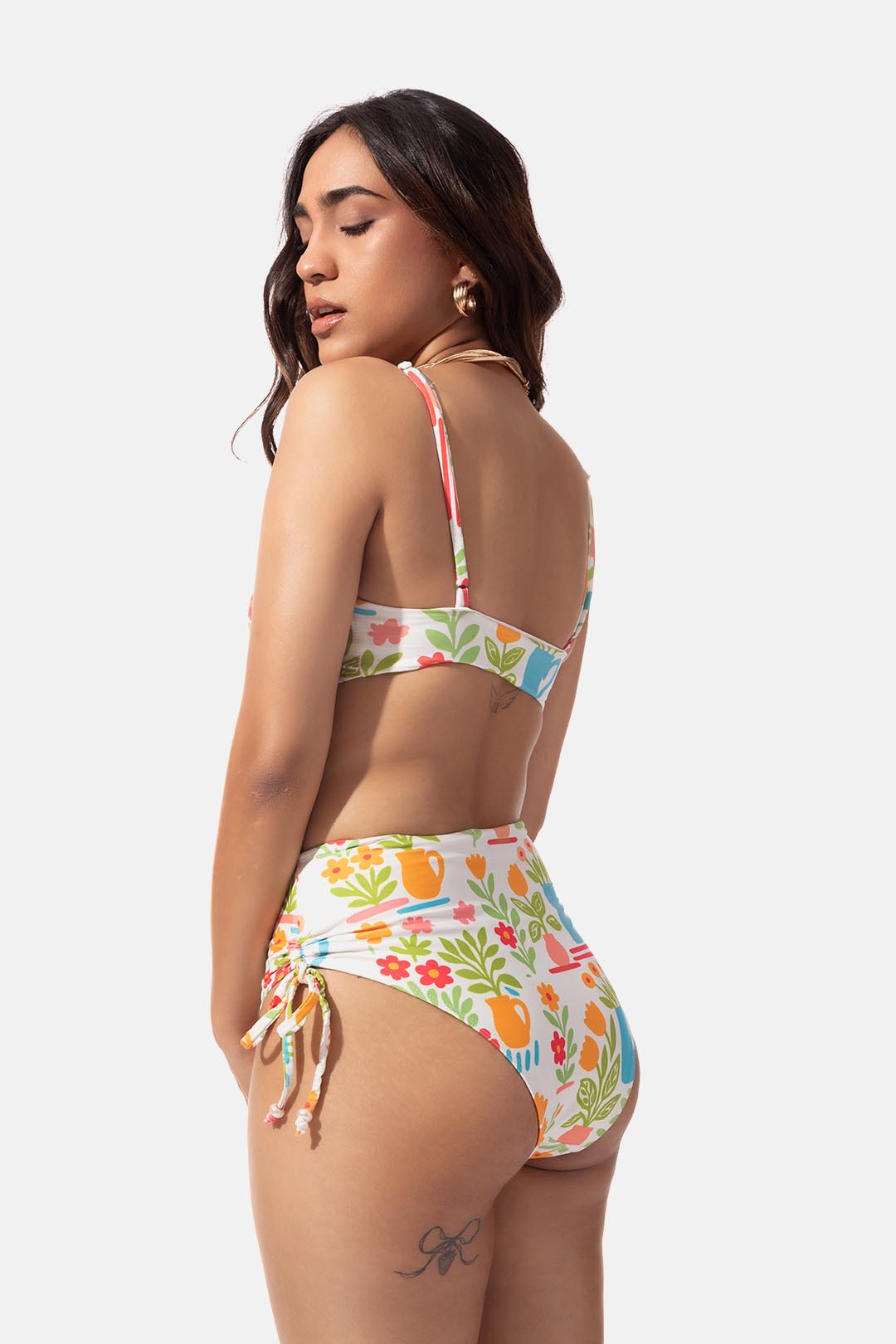White Printed Front Tie Bikini Top
