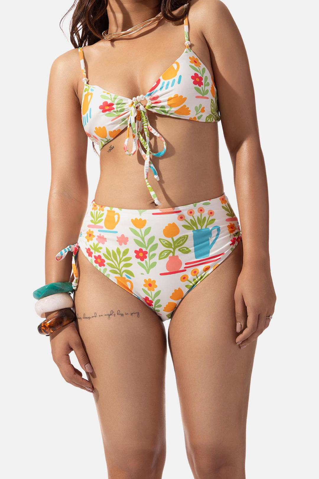 White Printed High Waist Bikini Bottom