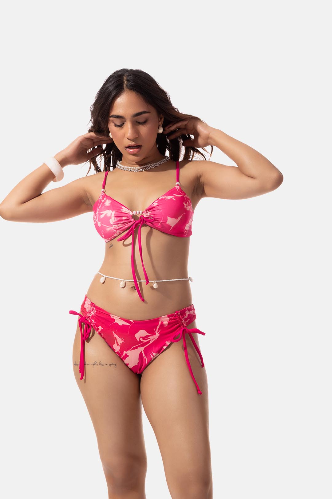 Pink Floral Print Front Tie Bikini Top