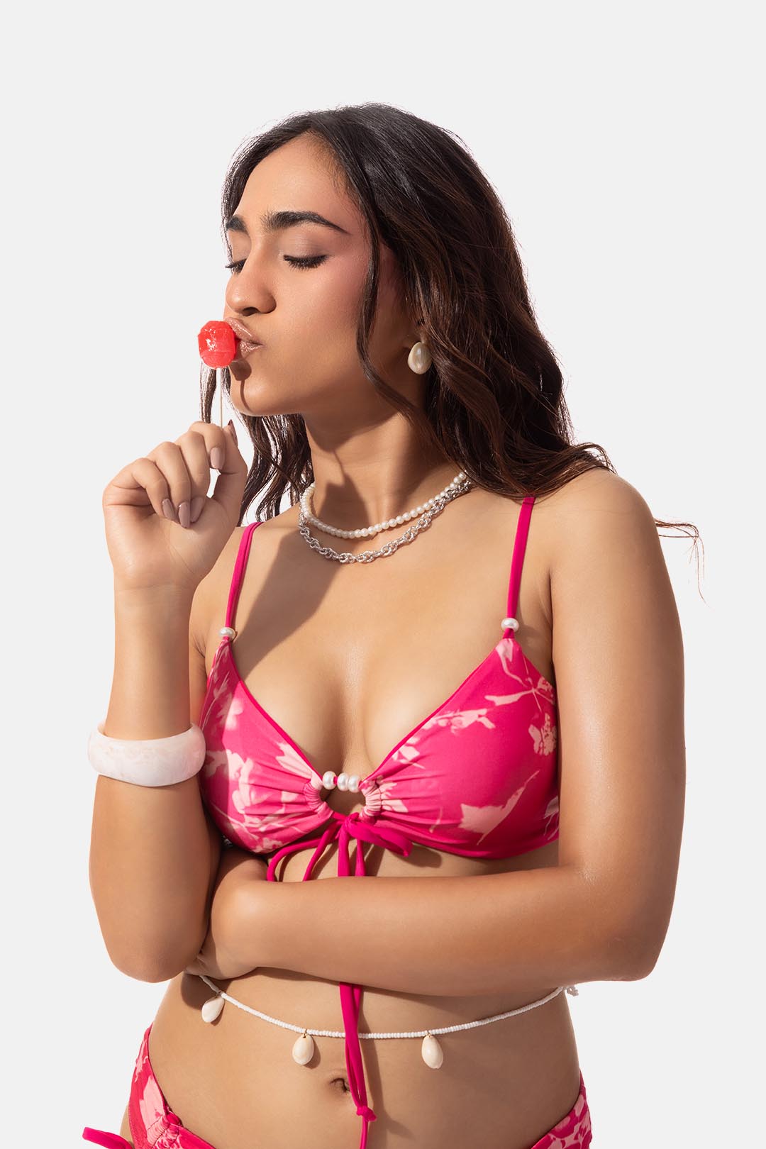 Pink Floral Print Front Tie Bikini Top