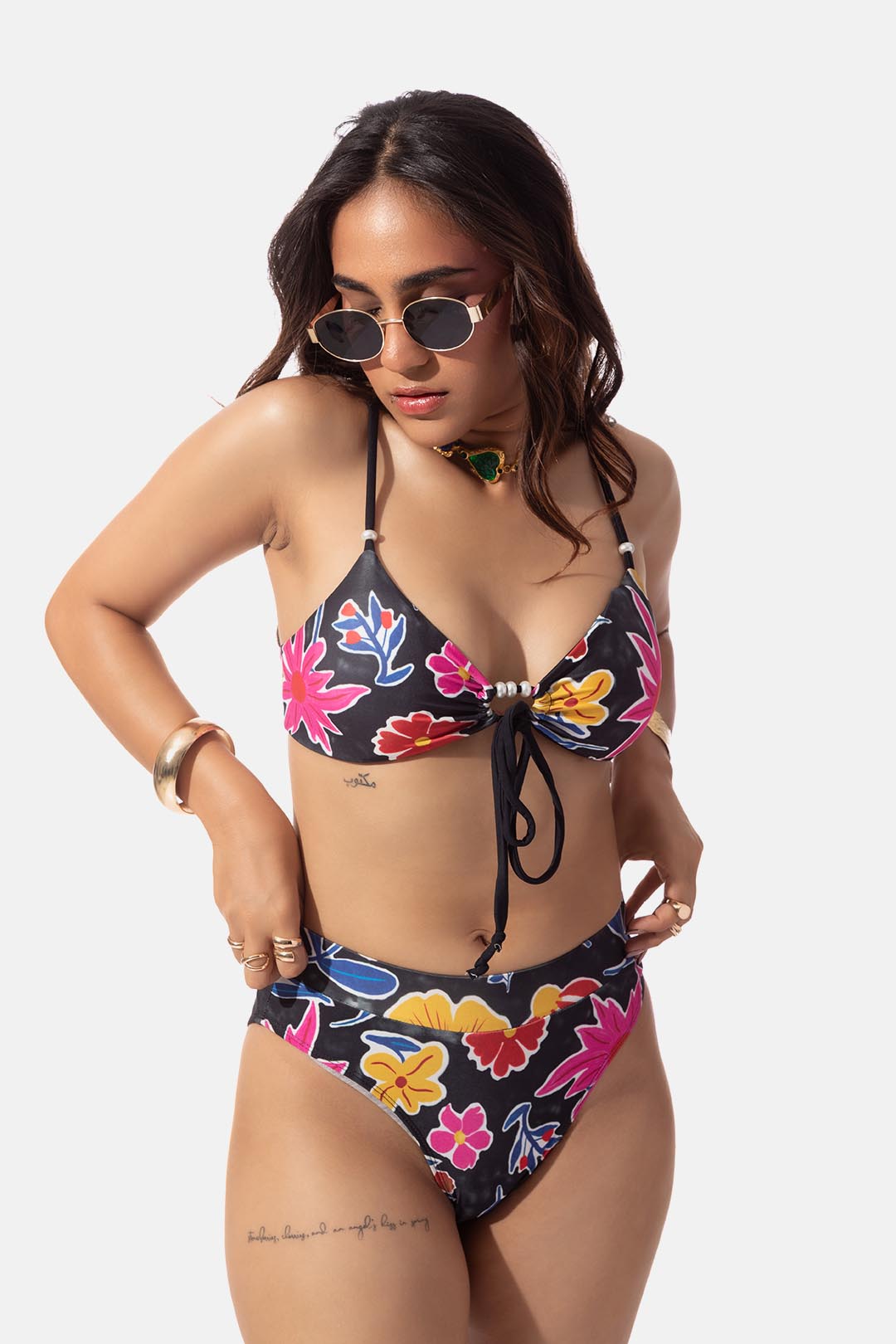 Black Floral Print Front Tie Bikini Top
