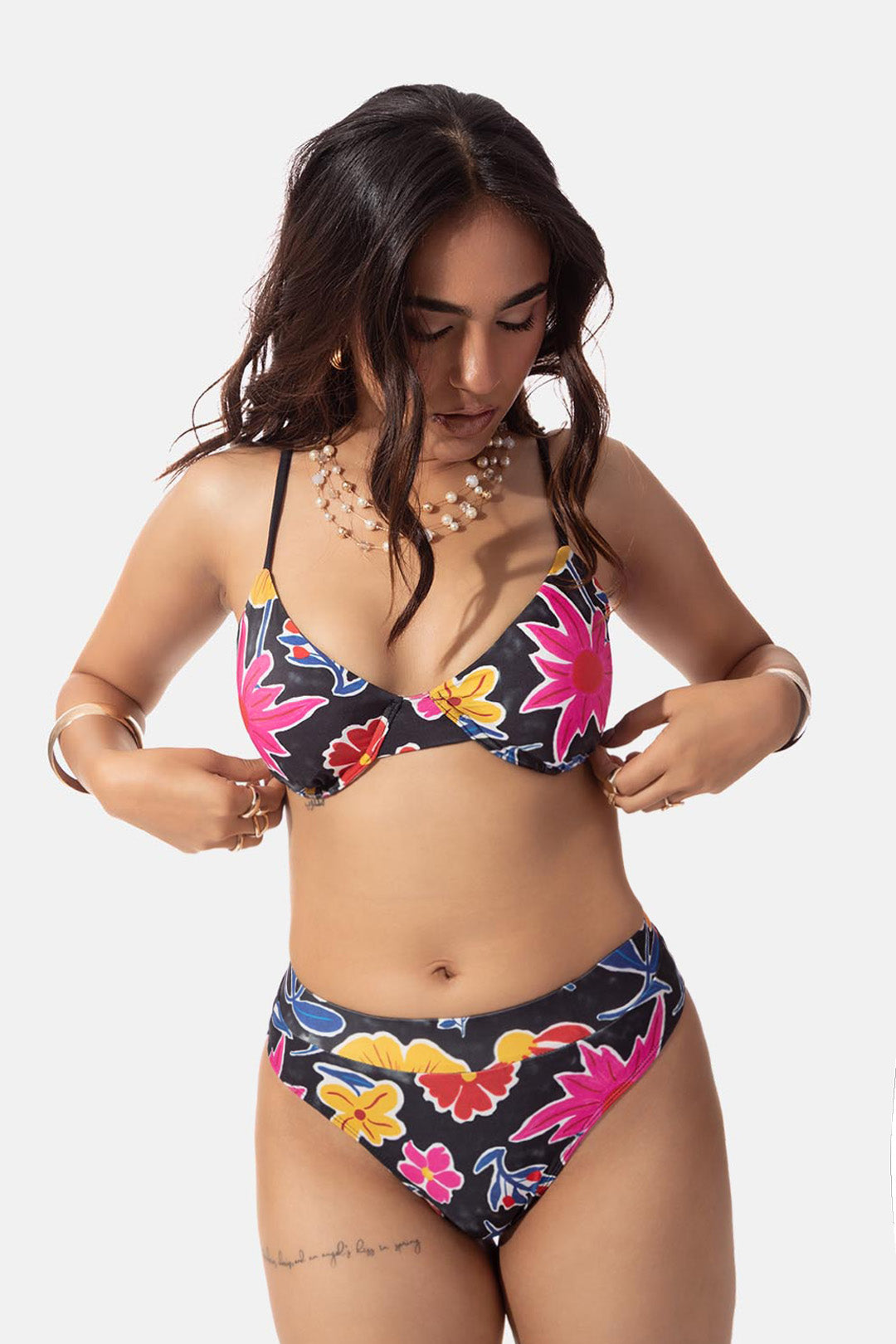 Black Floral Print Underwire Bikini Top