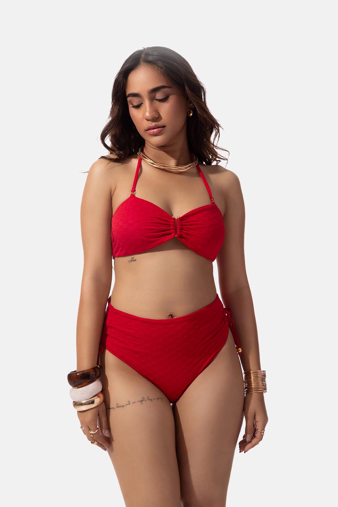 Red Textured Bandeau Bikini Top