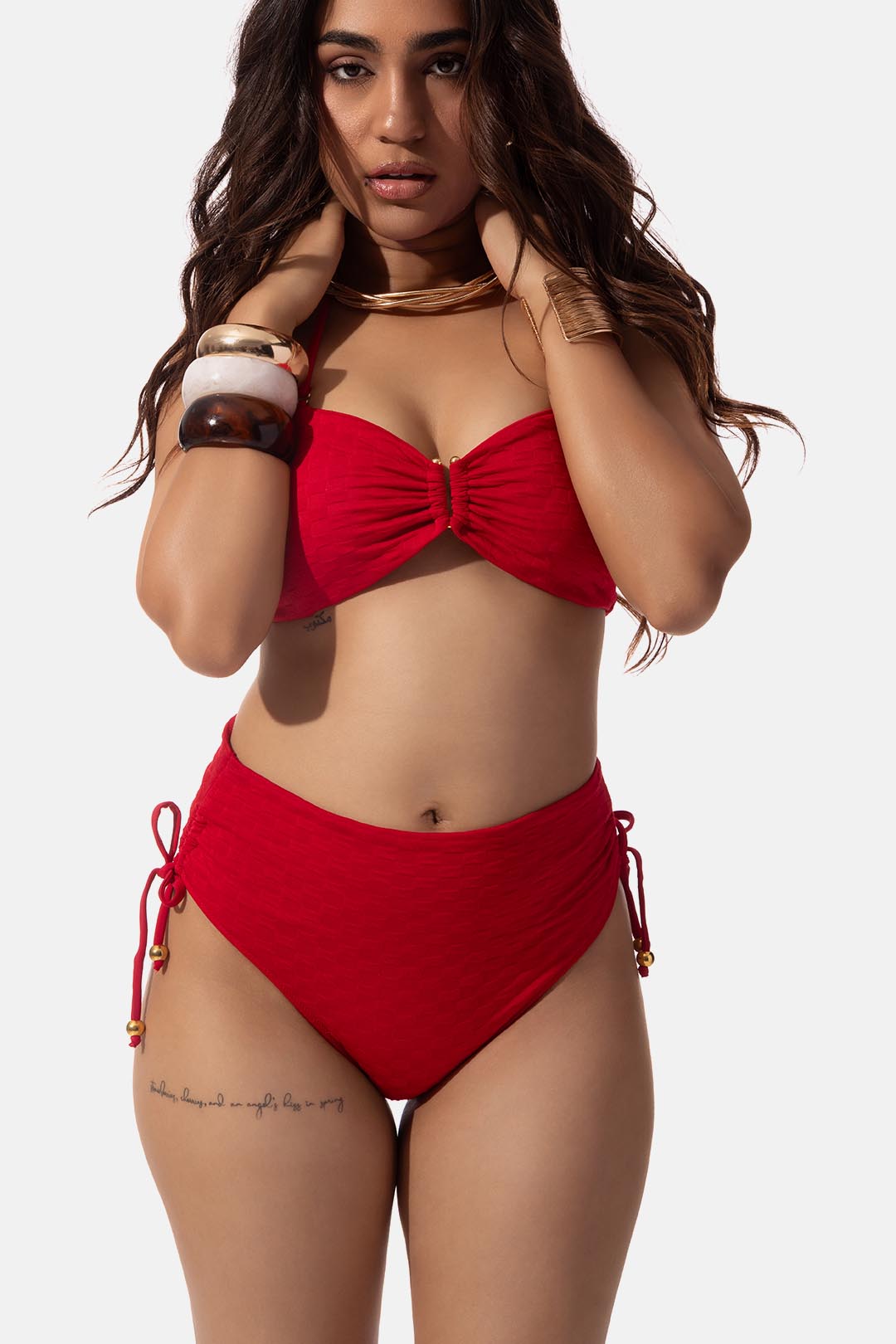 Red Textured Bandeau Bikini Set