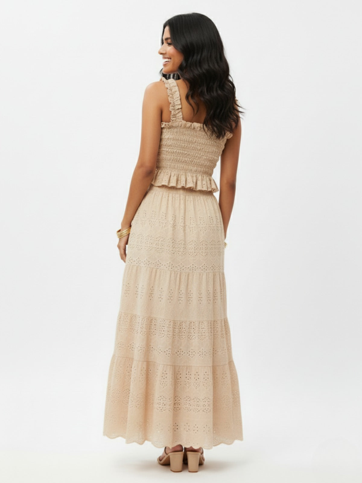 Hakoba Embroidered Beige Ruched Skirt and Top Set