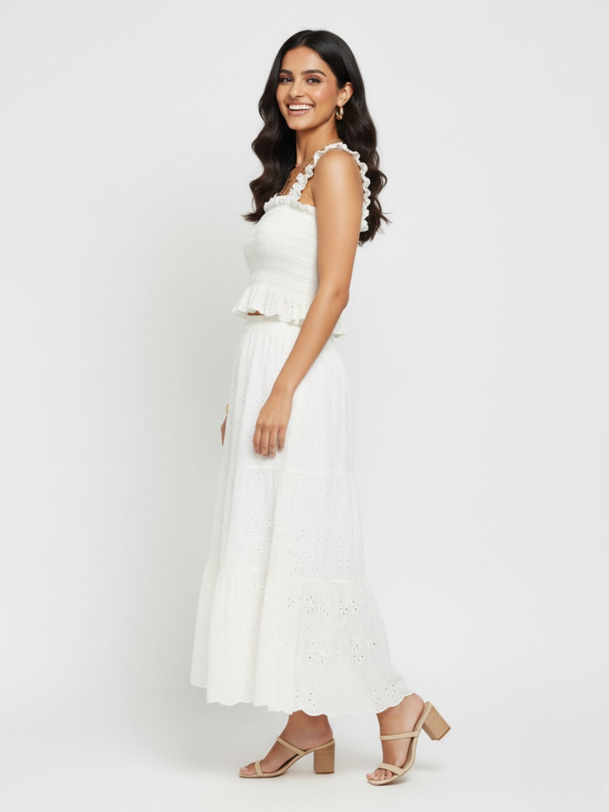 Hakoba Embroidered White Ruched Skirt and Top Set