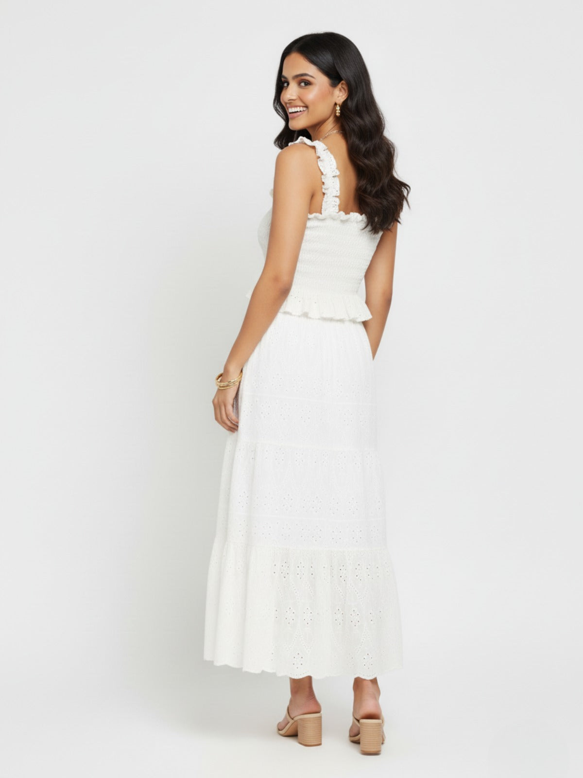 Hakoba Embroidered White Ruched Skirt and Top Set