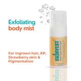 Exfoliating body mist bottle with text on a white background