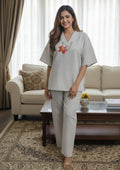 Blush Bloom Hand-Embroidered Night Suit