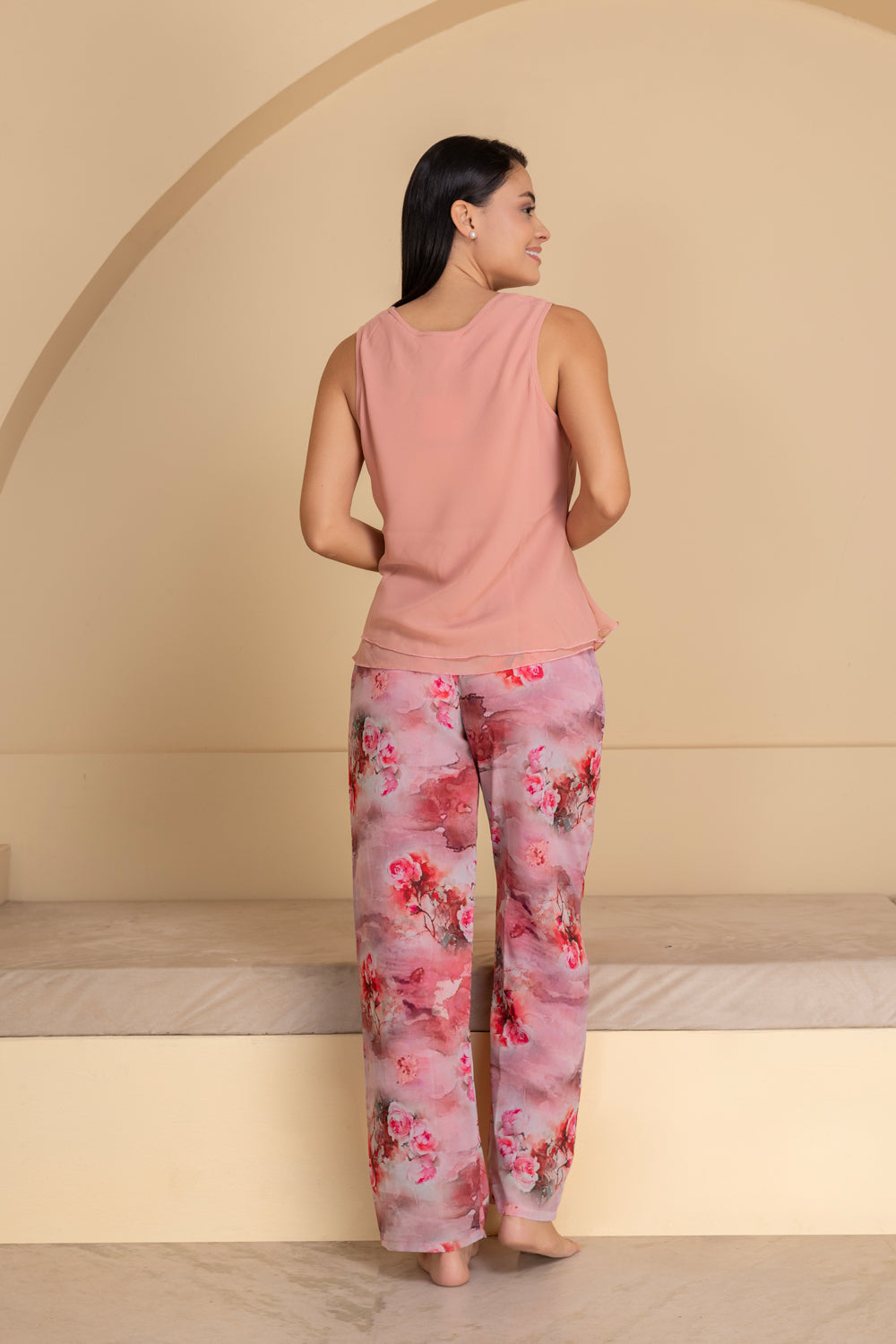 Peach Floral Chiffon Pajama & Top