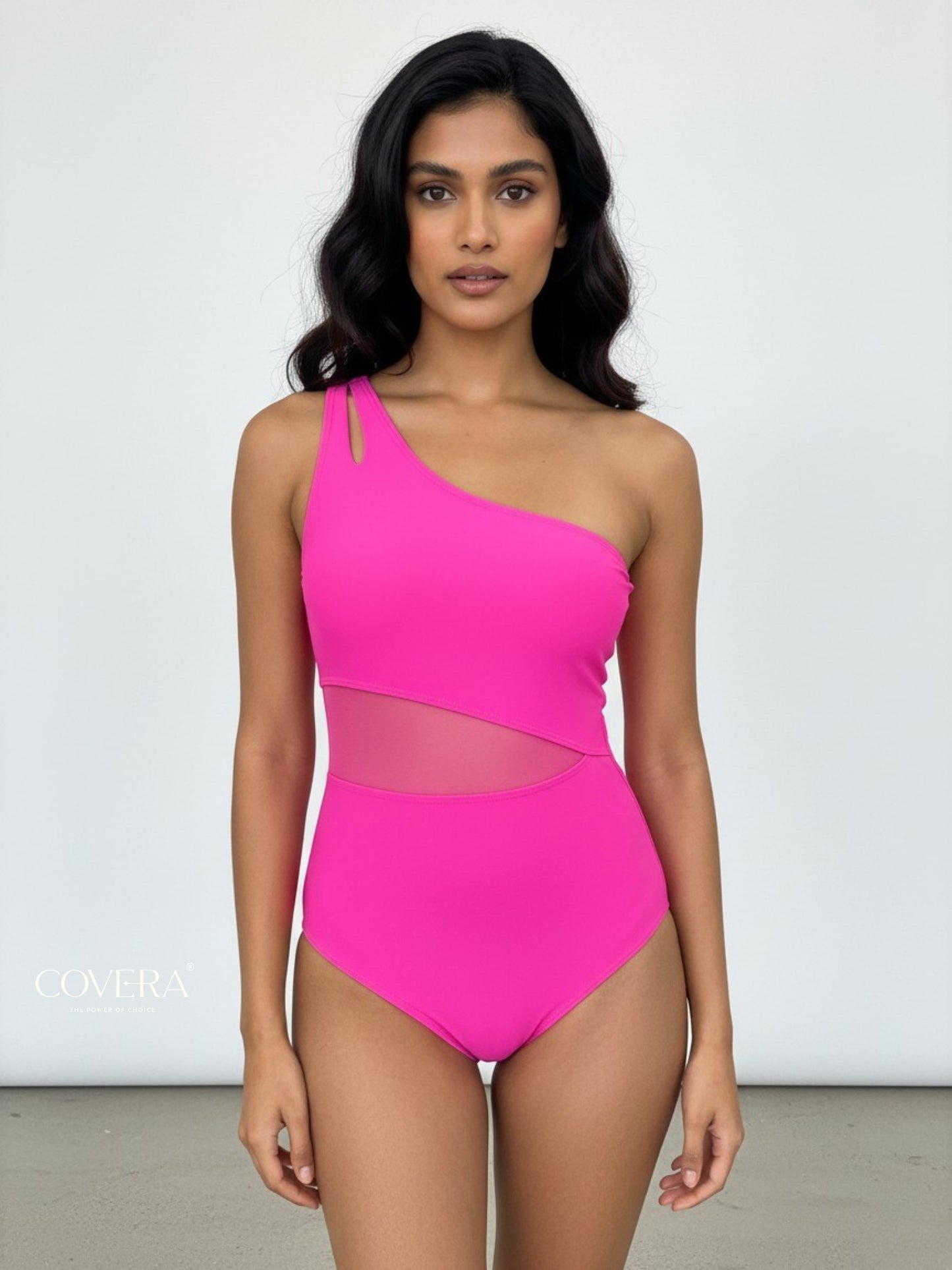 Bright Pink One-Shoulder Mesh Monokini