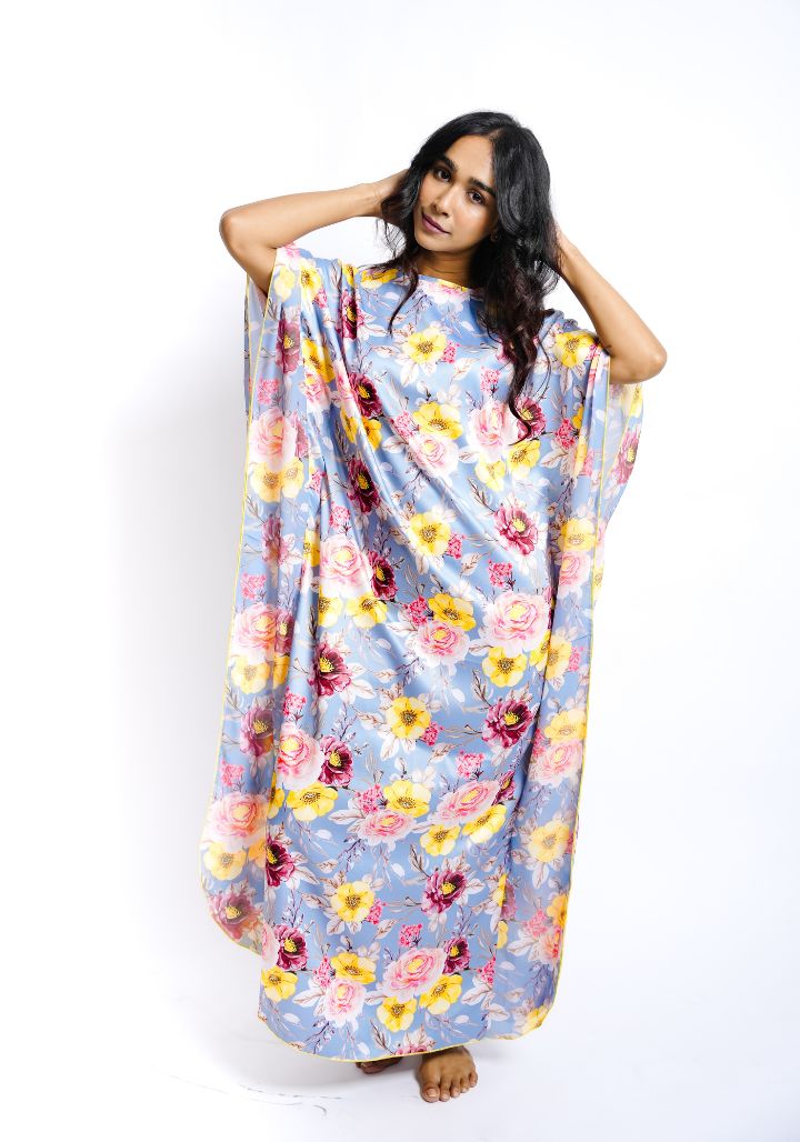 Bloom Dusk – Satin Kaftan Nighty with Floral Print