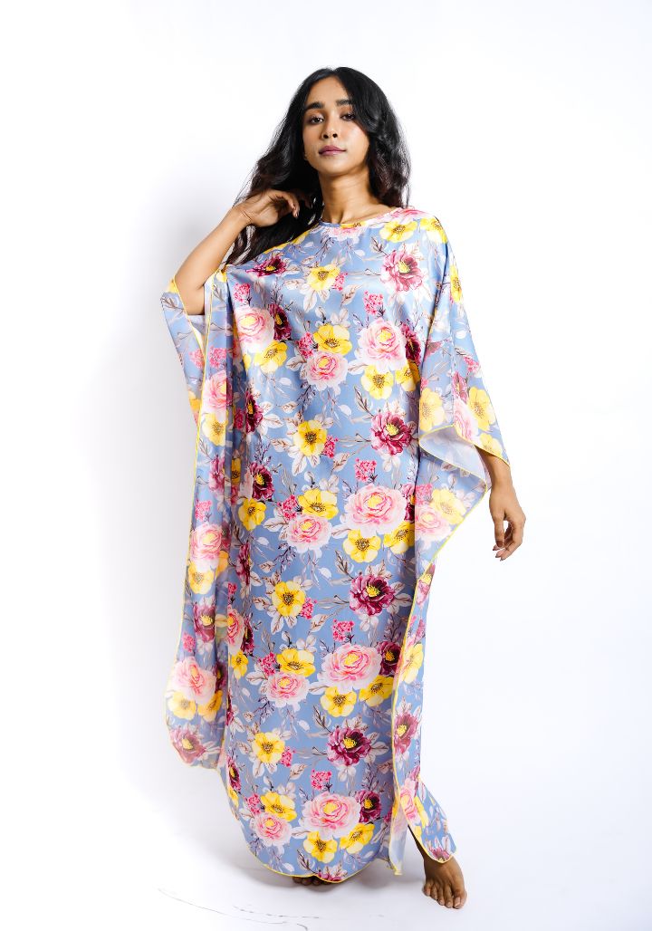 Bloom Dusk – Satin Kaftan Nighty with Floral Print