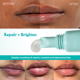 Before and after comparison of lips with a lip balm application, showing repair and brightening effects.