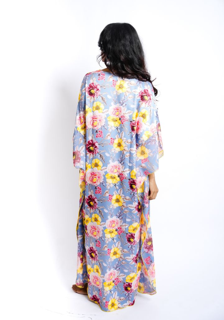 Bloom Dusk – Satin Kaftan Nighty with Floral Print