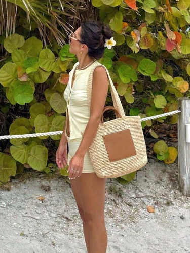 Coastal Woven Tote Bag with Leather Pocket