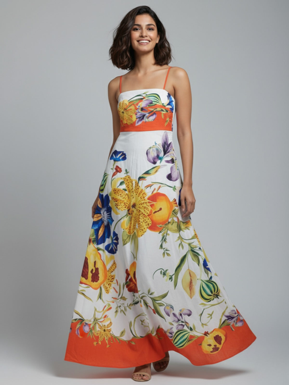 Printed Floral Orange and White Maxi Sundress