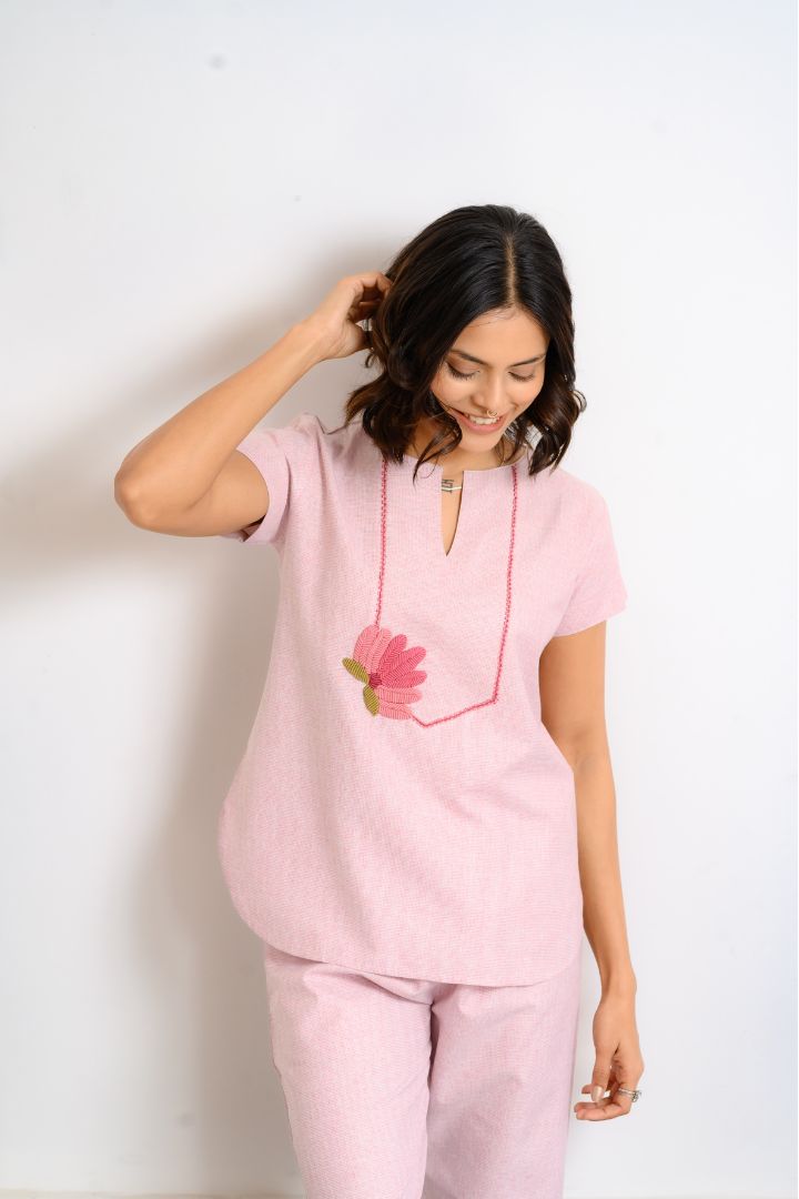 Lotus Hand Embroidered Cotton Pajama Set