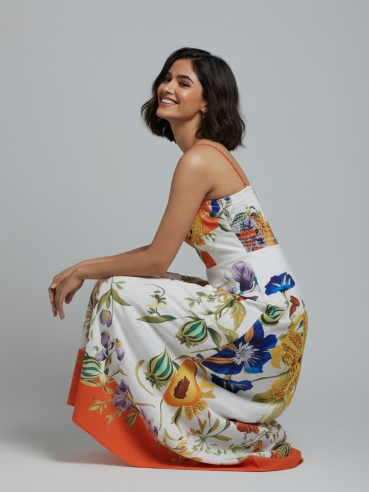 Printed Floral Orange and White Maxi Sundress