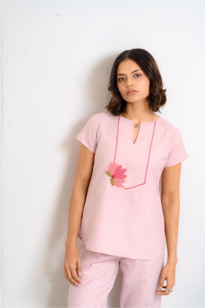 Lotus Hand Embroidered Cotton Pajama Set