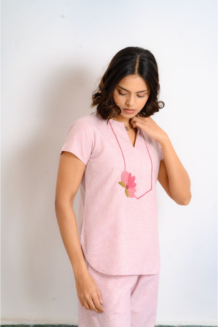 Lotus Hand Embroidered Cotton Pajama Set