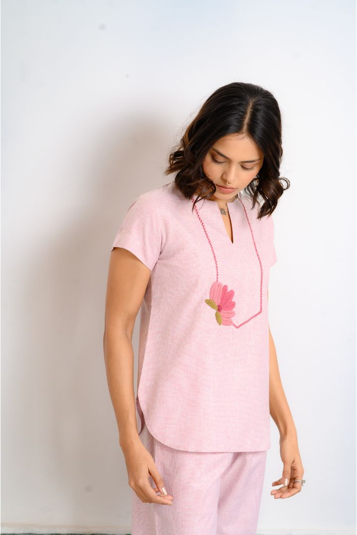 Lotus Hand Embroidered Cotton Pajama Set