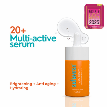 Orange serum bottle with text highlighting features and an award badge on a white background