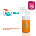 Orange serum bottle with text highlighting features and an award badge on a white background