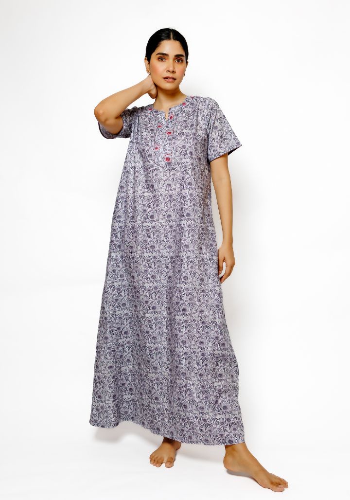 Iris Mist – Feather Cotton Nighty with Floral Print