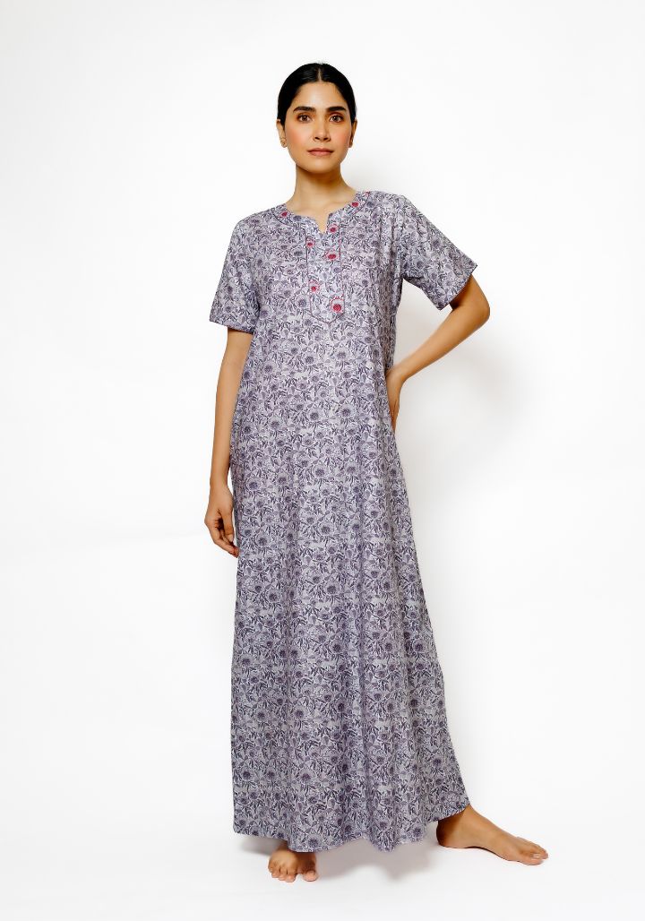 Iris Mist – Feather Cotton Nighty with Floral Print