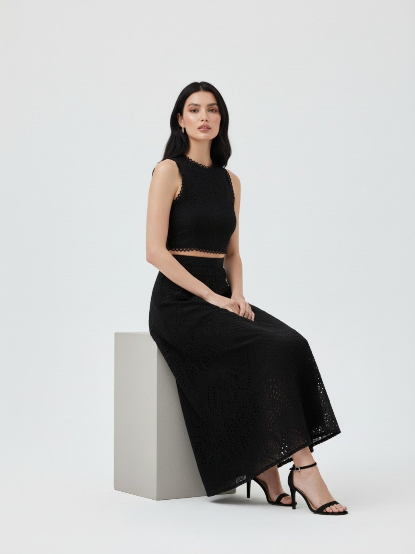 Vera Black Crop Top and Maxi Skirt Set