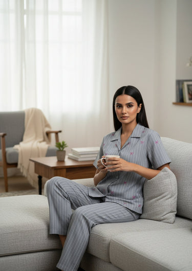 Grey Bow Pinstripe Lounge Set