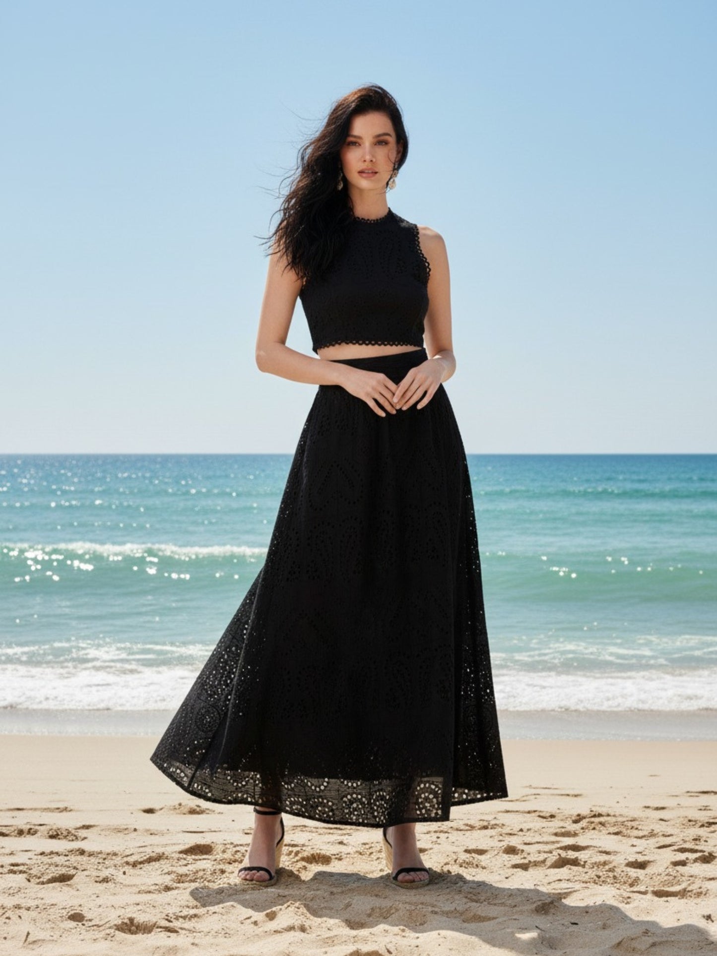 Vera Black Crop Top and Maxi Skirt Set