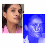 Two images of a person, one with visible makeup and the other under blue light.