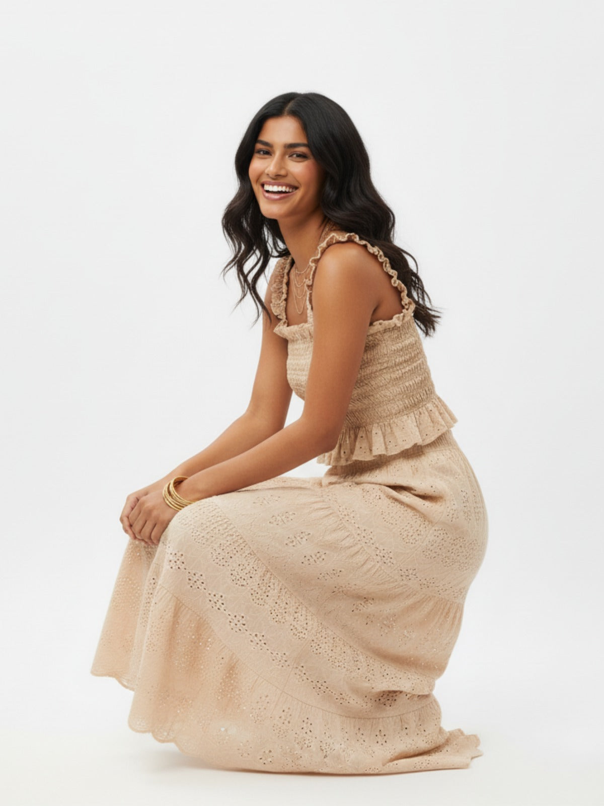 Hakoba Embroidered Beige Ruched Skirt and Top Set