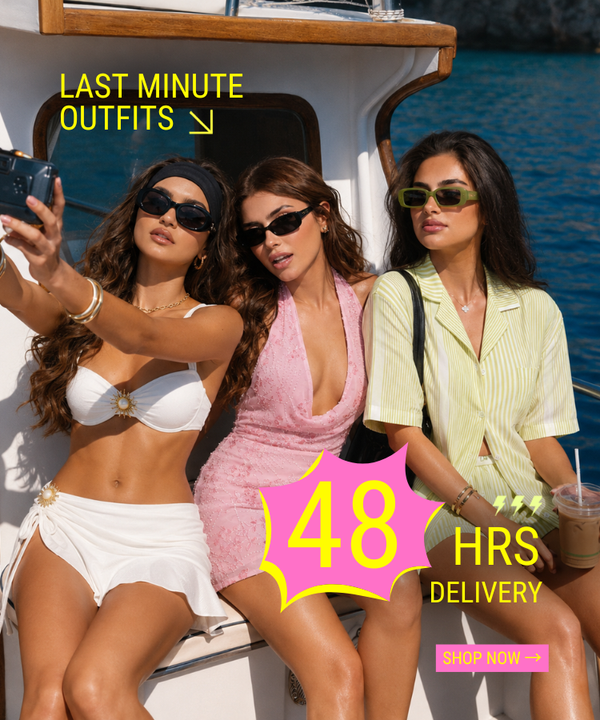 Three women posing on a boat wearing summer outfits, with promotional text overlays reading 'LAST MINUTE OUTFITS', '48 HRS DELIVERY', and 'SHOP NOW'.