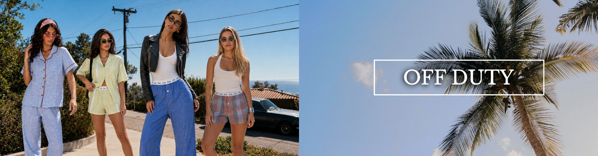 A split promotional banner for Off Duty. The left side shows four women outdoors wearing various casual summer outfits, including a light blue pajama set, a yellow romper, a black vest with blue jeans, and a plaid top with denim shorts.