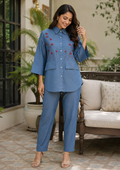 Denim Blue-Embroidered Co-ord Set