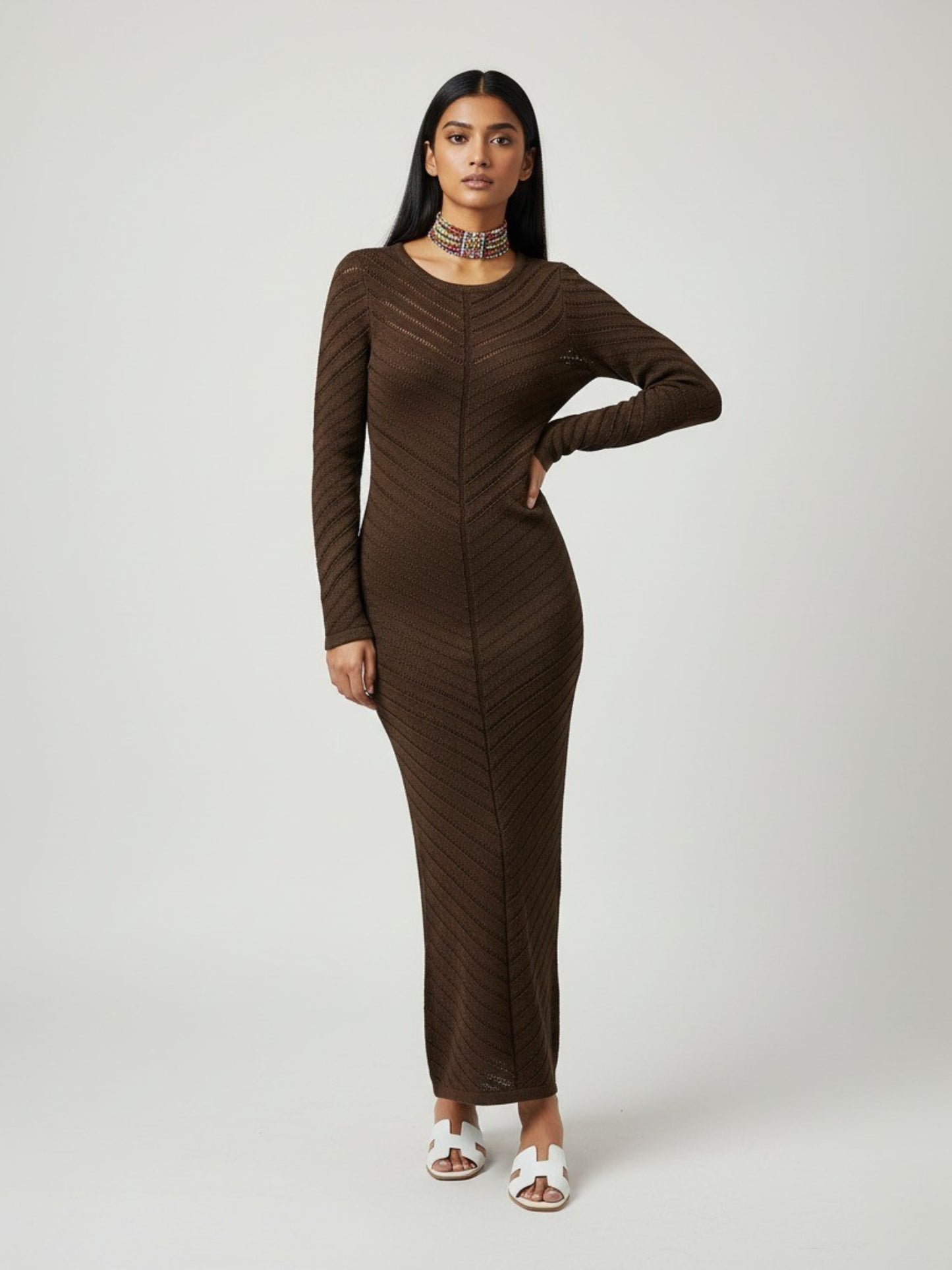 Brown Knitted Bodycon Beachwear Maxi Dress
