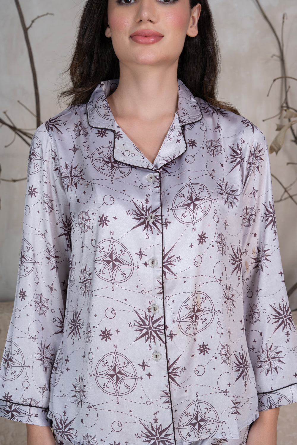 Grey Printed Satin Collar With Shorts Set