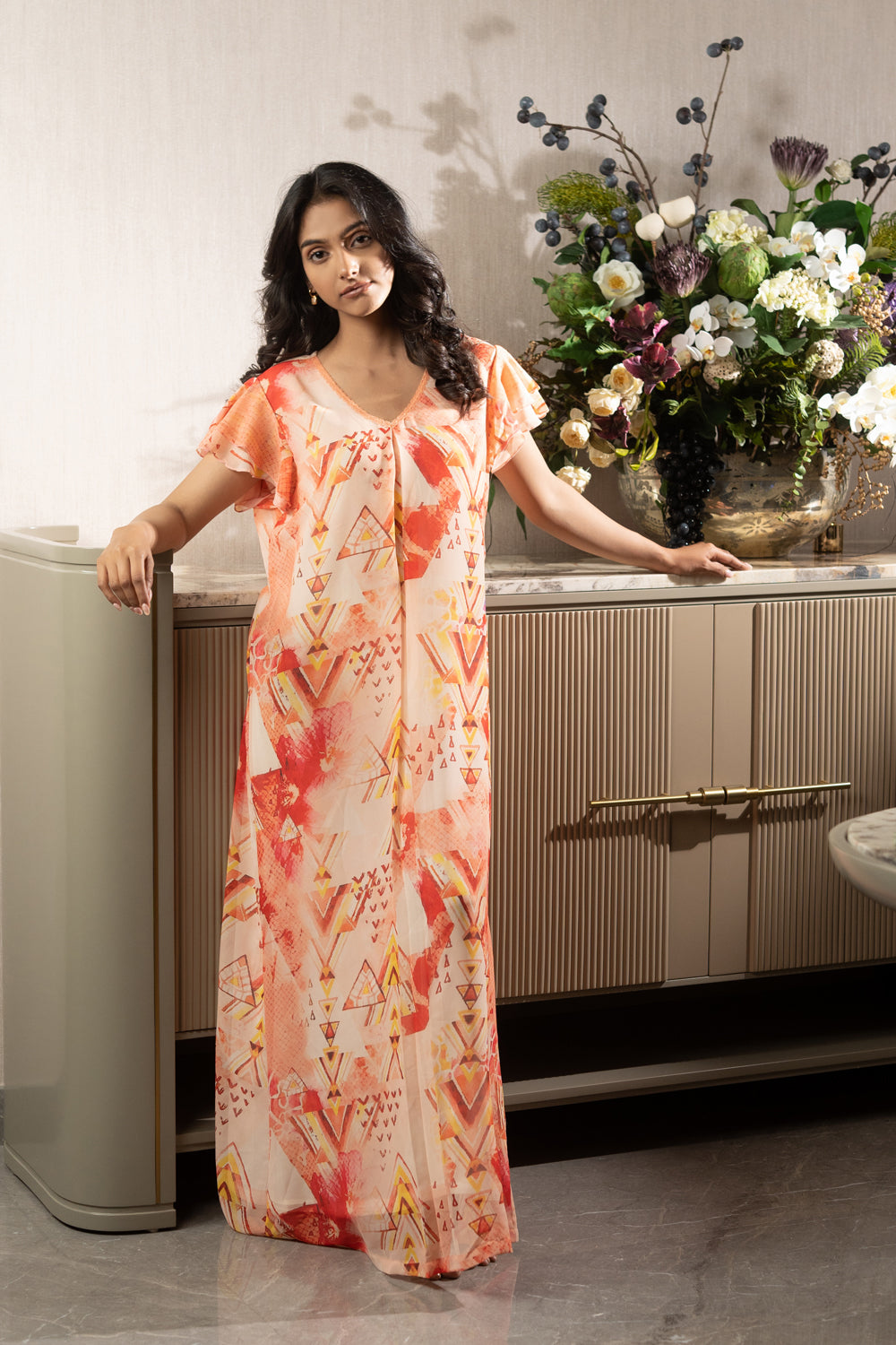 Orange Printed Double Chiffon Nighty