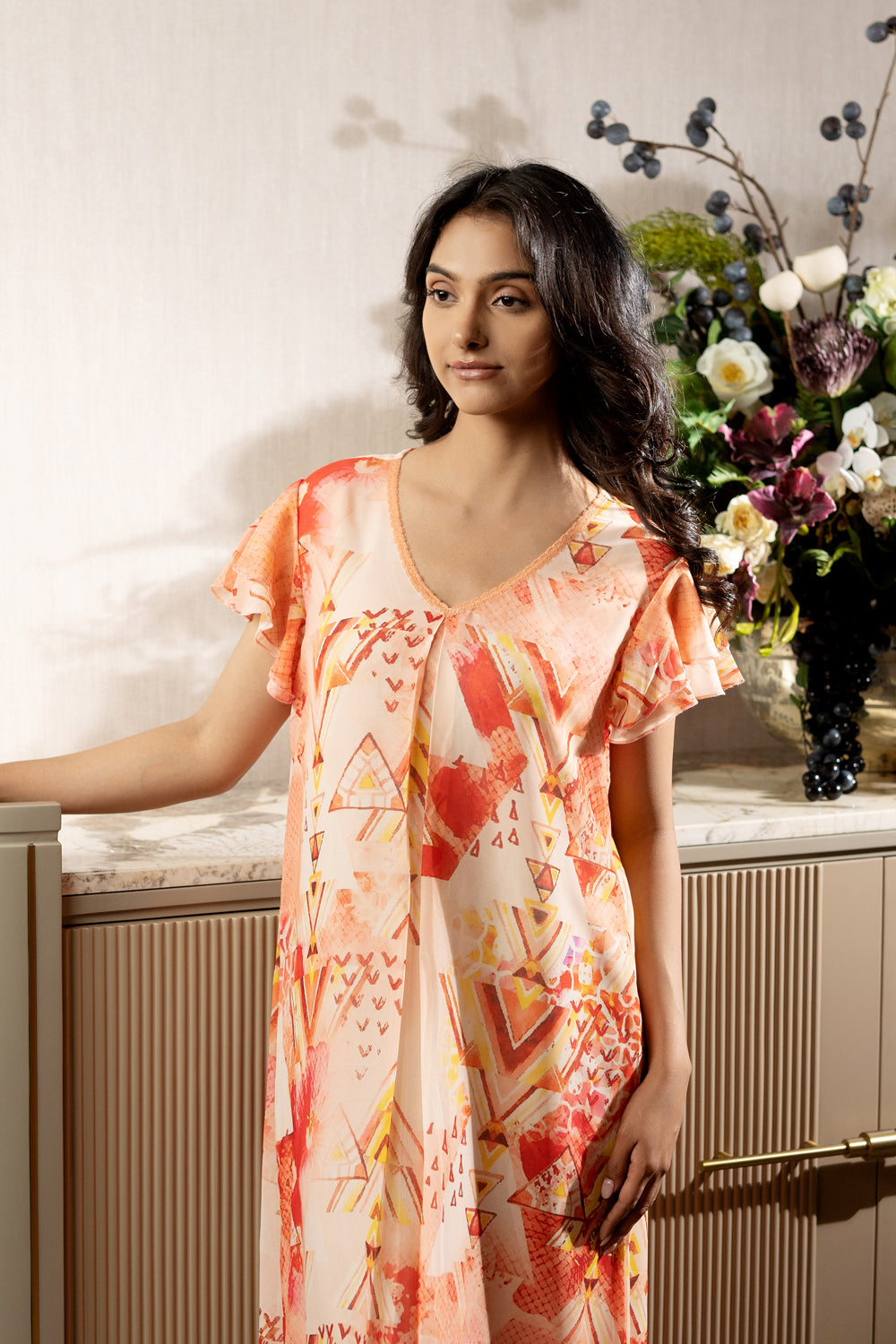 Orange Printed Double Chiffon Nighty