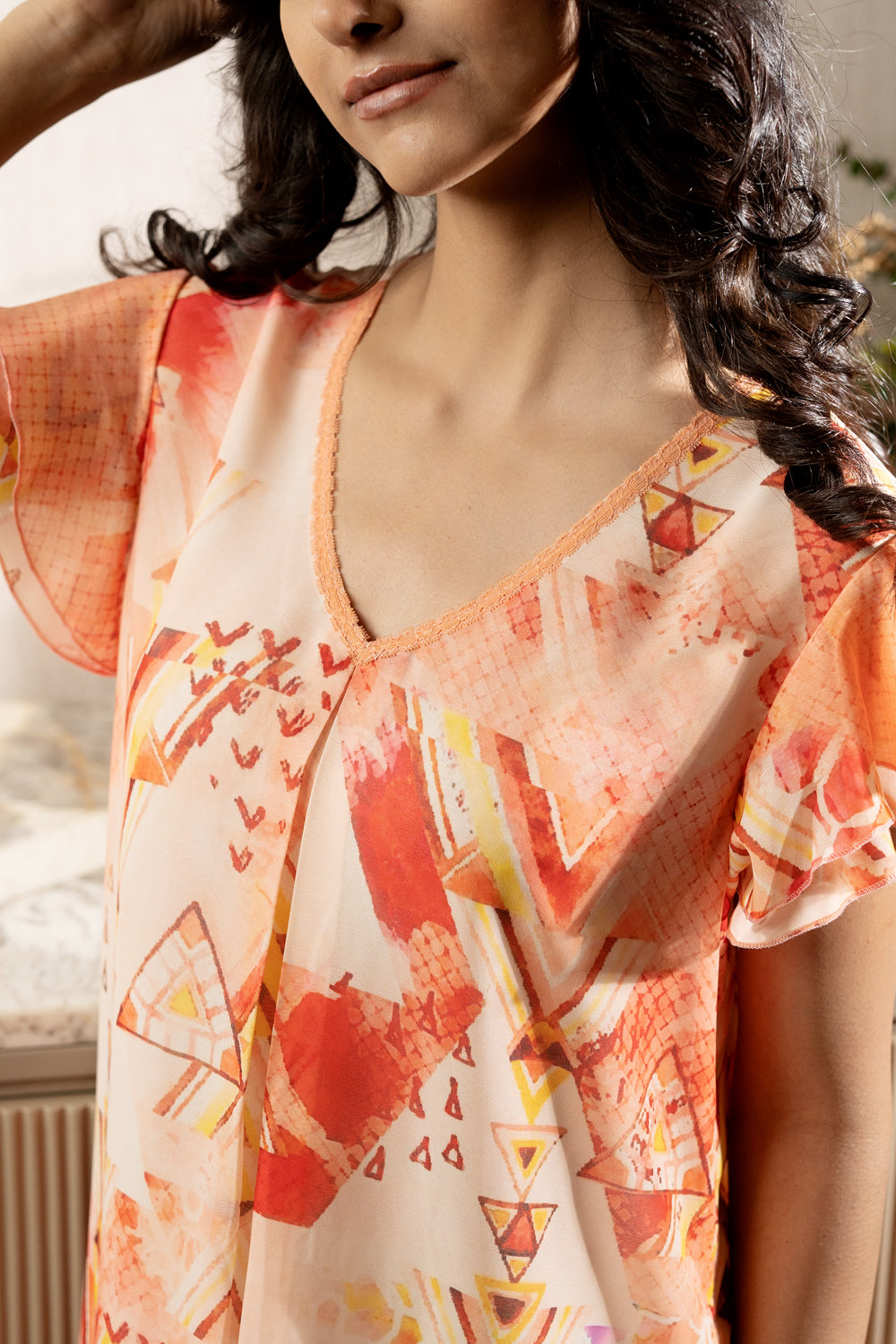 Orange Printed Double Chiffon Nighty