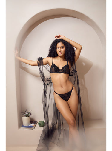 DAHLIA BLACK HAND EMBELLISHED BRA & THONG SET