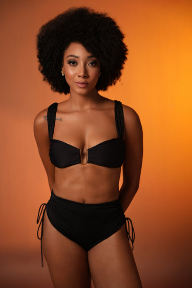 Black Ruched Bikini with High-Waist Bottoms