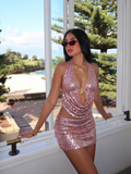 Pink Sequins Halter Mini Skirt Set