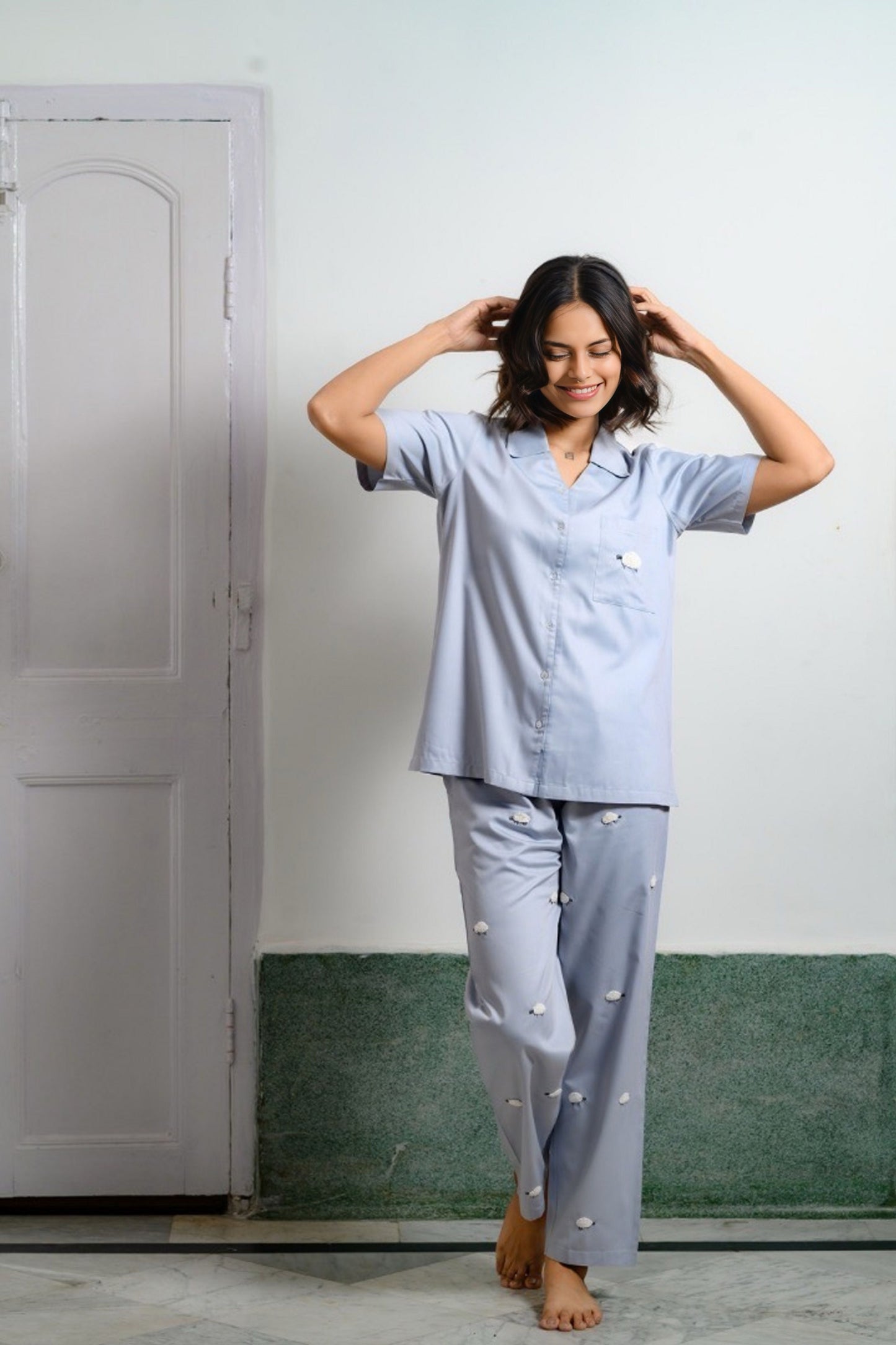 Sheep Hand-Embroidered Pajama Set