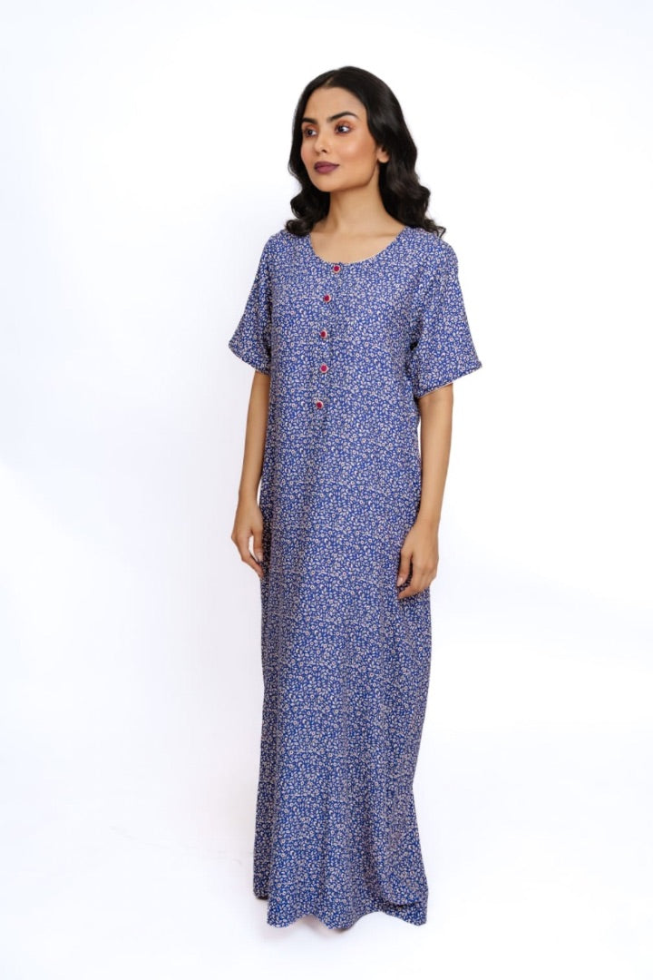 Indigo Dot - Embroidered Button Rayon Nighty