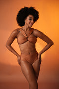 Golden Hour Ruched Bikini Set with High-Waist Bottoms